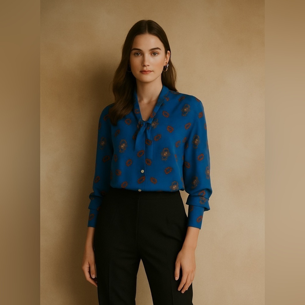 Vintage Blue Paisley Tie Neck Long Sleeve Blouse Size M Career Chic Office Wear